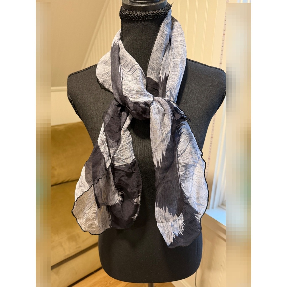 Chicos 100% Silk Scarf Slate Blue Black Gray Abstract Ikat Print Ruffled Edge
